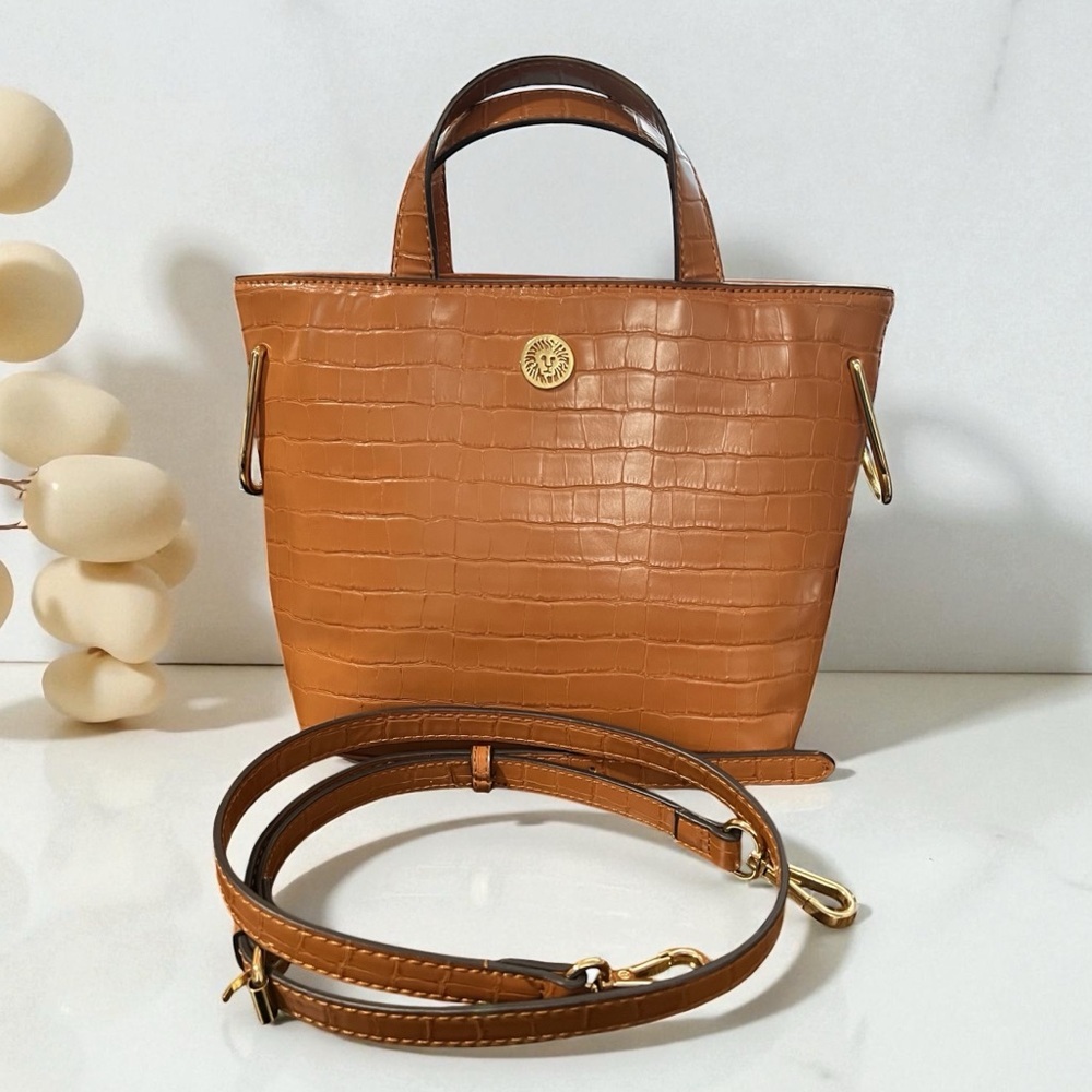 Anne Klein Vegan Small Convertible Tan Croc-Embossed Crossbody Bag